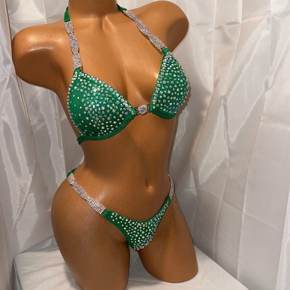 Other - Green competition figure posing suit pre-made a/b crystals rhinestones